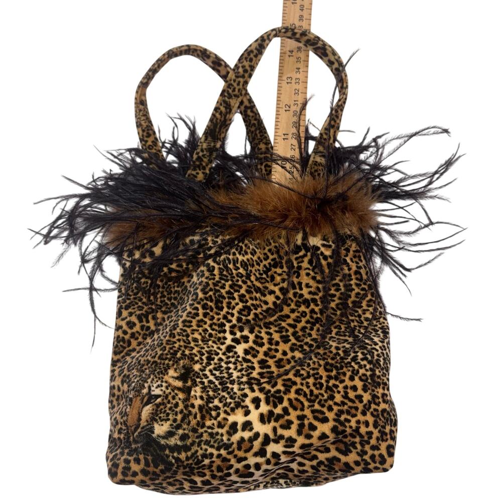 Y2K Glam Mobwife Leopard Print Feather Trim Top Handle Bag - Picture 6 of 7